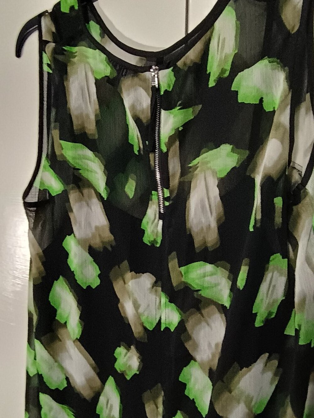 DKNY Size Large Black Green Abstract Sleeveless Sheer Overlay Midi Maxi Dress - Picture 6 of 10